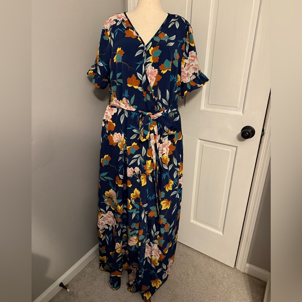 SHEIN Navy Floral Maxi Dress with Yellow and Pink Accents